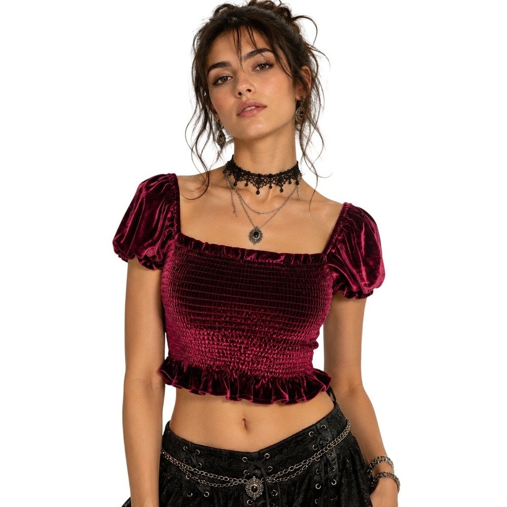 Velvet Cropped Top Puff Sleeve Smocked Burgundy Boho Festival Whimsigoth XS